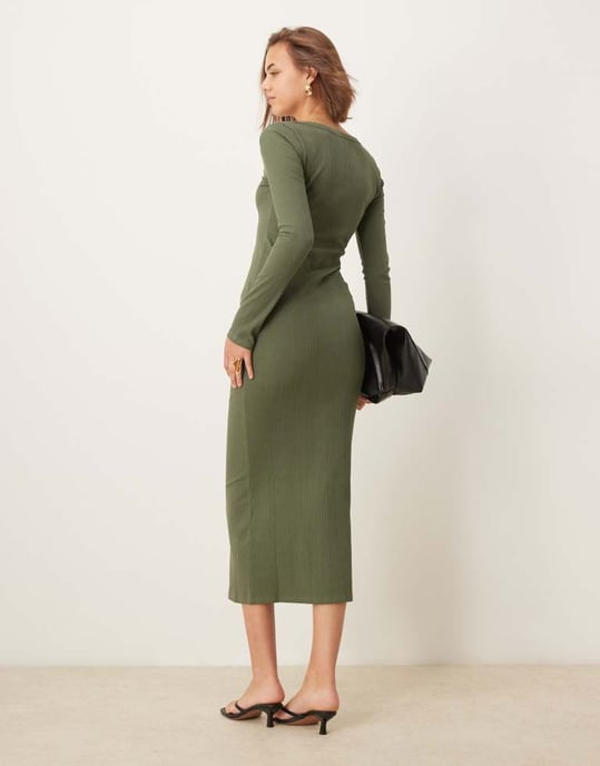 ASOS DESIGN rippad långärmad midi klänning med skopa i olivgrön - Image 3