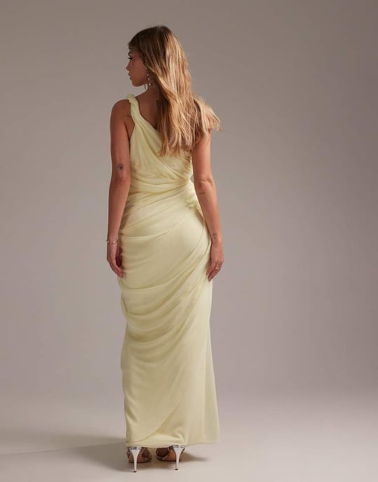 ASOS DESIGN Bridesmaids one shoulder draped twist detail midaxi dress in  soft yellow