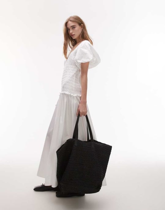 Topshop puff sleeve square neck shirred midi dress in white