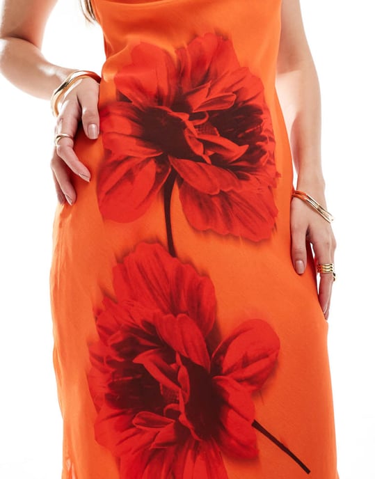 ASOS DESIGN placeringstryck kolumn midiklänning i orange blommönster - Image 3