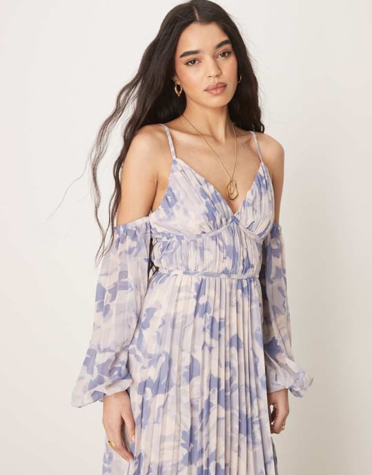 ASOS DESIGN plunge bardot pleated midaxi dress in floral print - Image 2