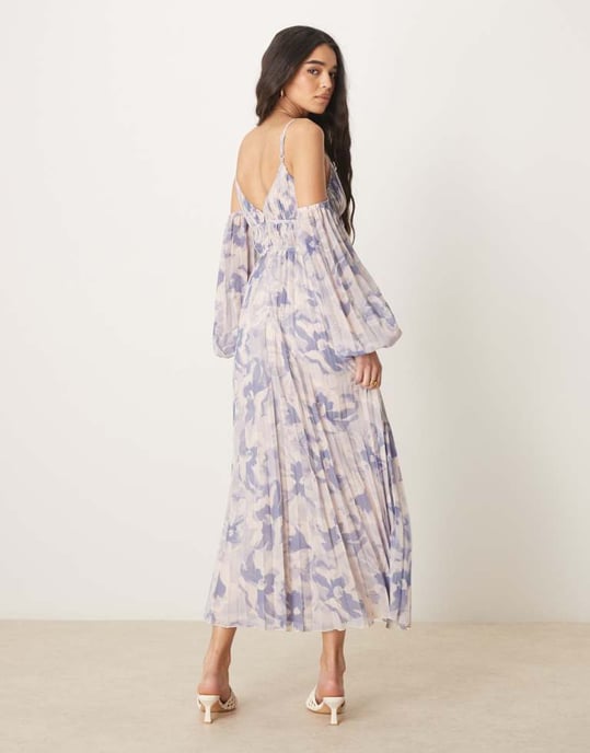 ASOS DESIGN plunge bardot pleated midaxi dress in floral print - Image 3