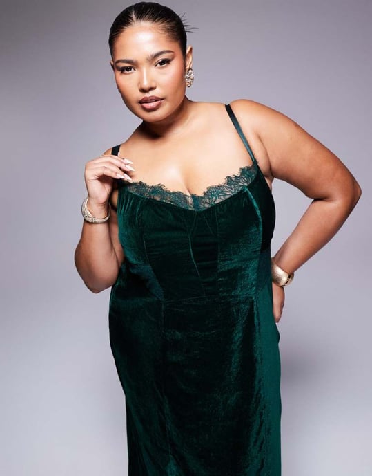 ASOS DESIGN Curve sammet korsett midikjol med spetsinsats i djup teal - Image 2