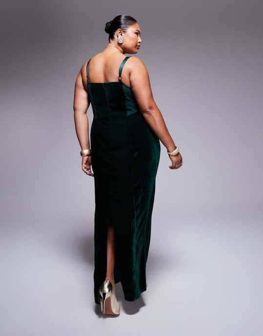 ASOS DESIGN Curve sammet korsett midikjol med spetsinsats i djup teal - Image 3
