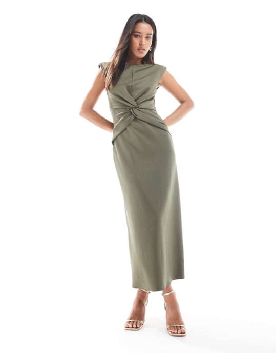ASOS DESIGN sleeveless twist front midi dress in khaki - Image 1