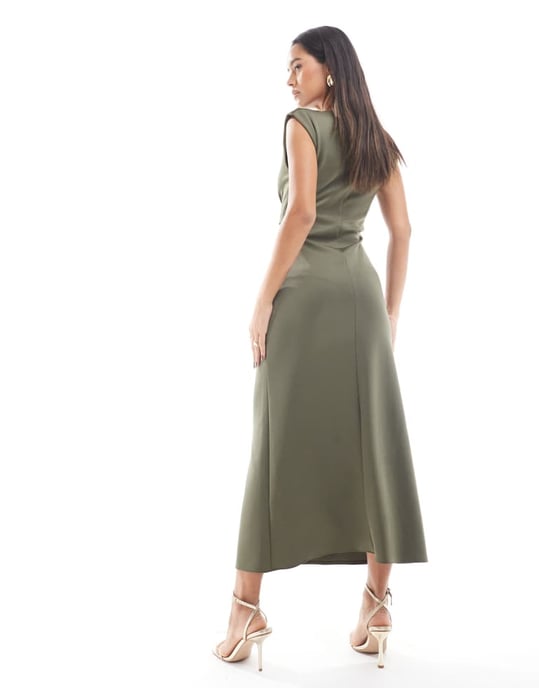 ASOS DESIGN sleeveless twist front midi dress in khaki - Image 3