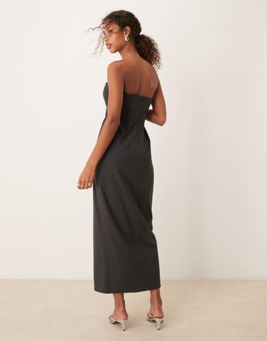 ASOS DESIGN korsett detaljer bandeau midaxi klänning med framslits i kolgrå - Image 3
