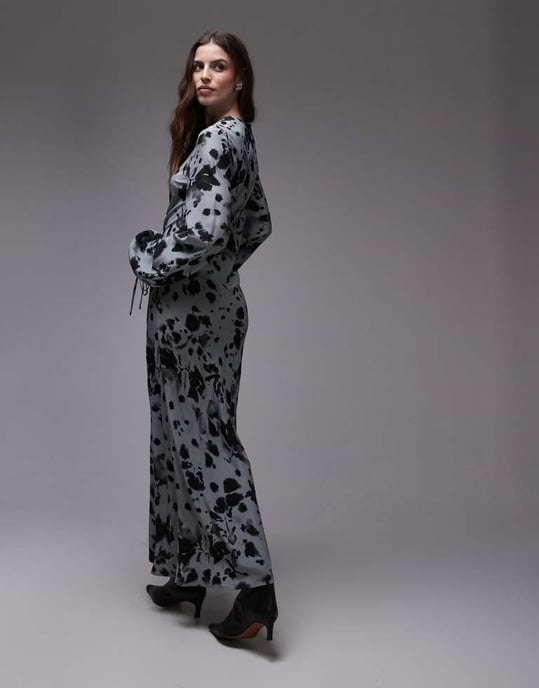 Topshop maxiklänning med ballongärmar i grå abstrakt blommönster - Image 3