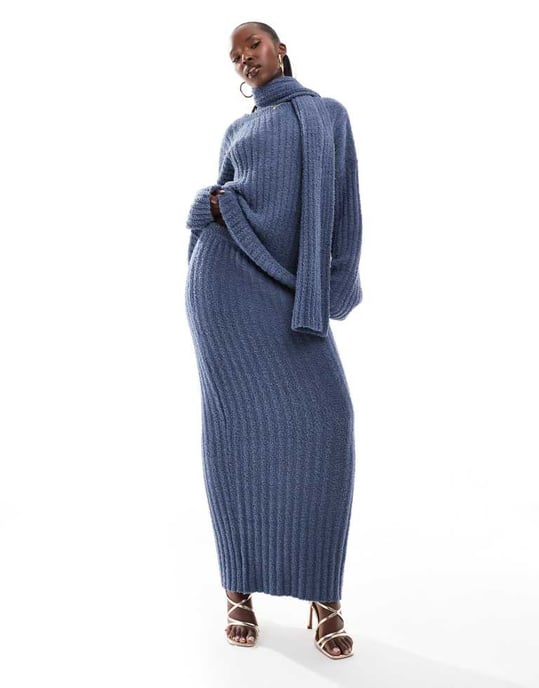 Kaiia exclusive boucle knit oversized jumper with removeable scarf co-ord in blue - Image 3