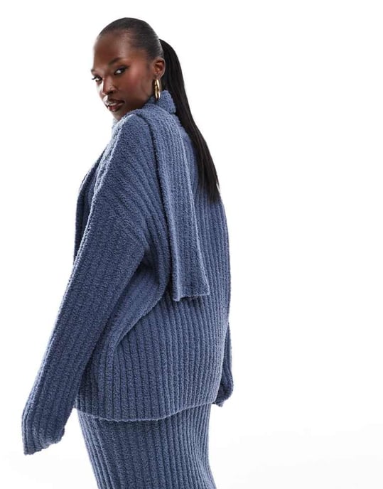 Kaiia exclusive boucle knit oversized jumper with removeable scarf co-ord in blue - Image 4