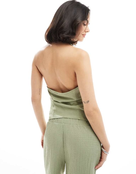 Vero Moda textured jersey halter top co-ord in tea green - Image 4