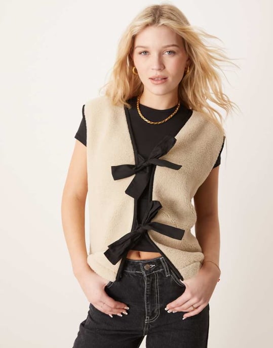 ASOS DESIGN borg waistcoat with bow tie detail in stone - Image 1
