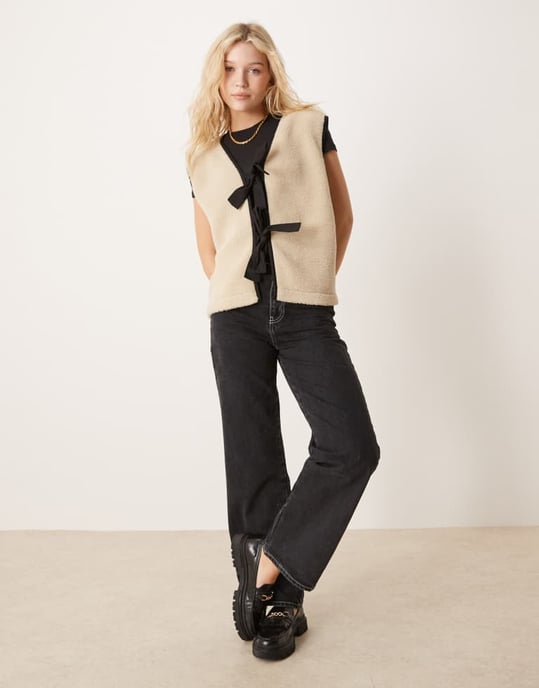 ASOS DESIGN borg waistcoat with bow tie detail in stone - Image 2