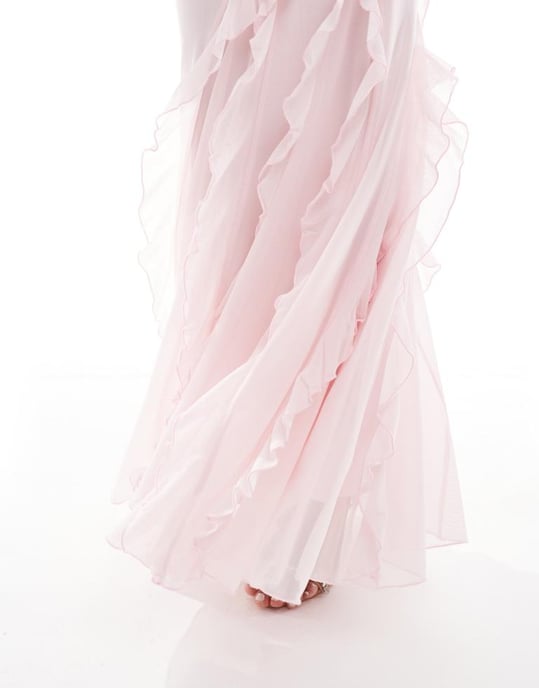 ASOS DESIGN mesh djup urringad maxiklänning med volang och paneldetaljer i rosa - Image 4