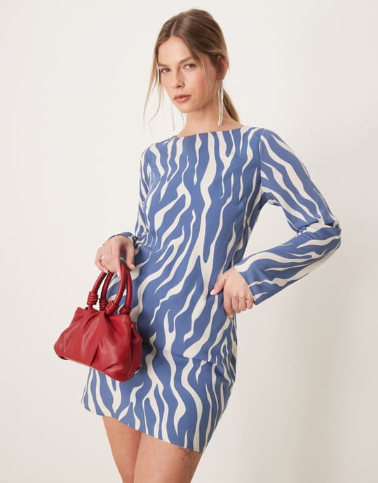 Abercrombie & Fitch long sleeve slash neck asymmetric hem mini dress in in blue animal print - Image 3