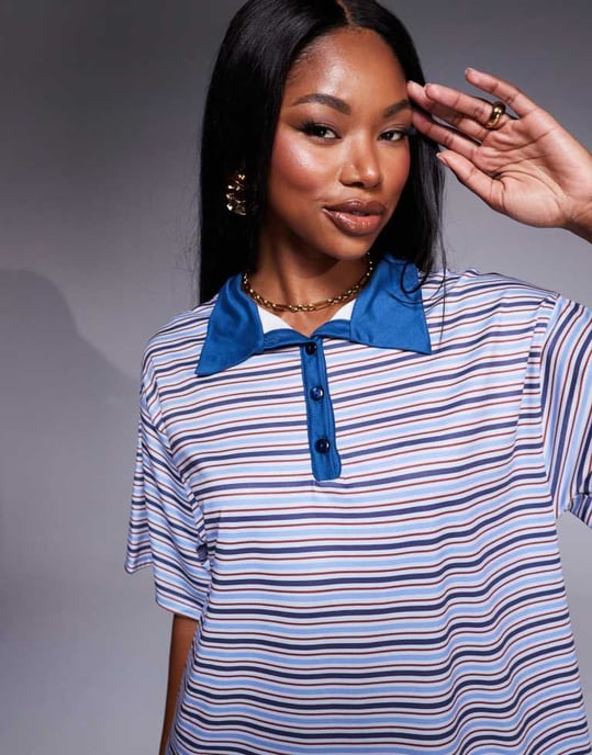 ASOS DESIGN klänning med krage och korta ärmar i blå randig mönster - Image 3