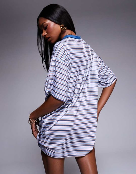 ASOS DESIGN klänning med krage och korta ärmar i blå randig mönster - Image 4