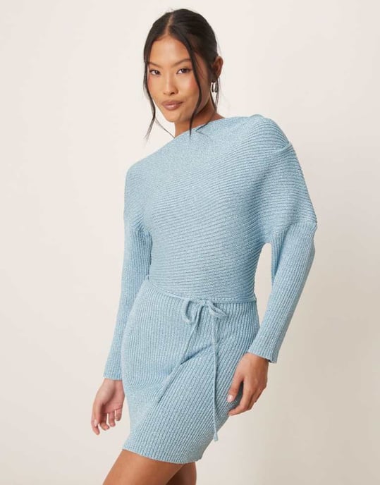 Never Fully Dressed Petite off shoulder stickad mini klänning i puderblå - Image 2
