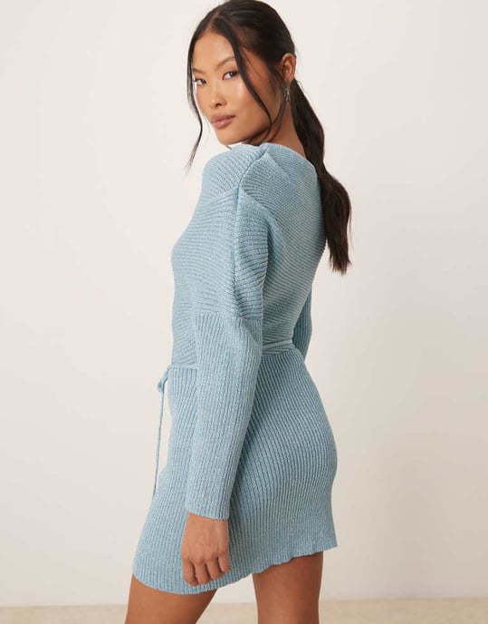 Never Fully Dressed Petite off shoulder stickad mini klänning i puderblå - Image 4