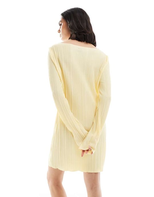 Vero Moda plisserad miniklänning med volangärmar i ljus banan - Image 3