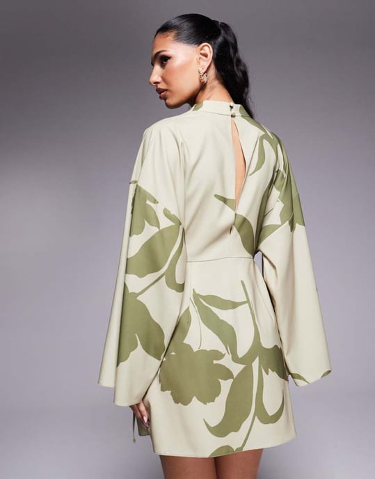 ASOS DESIGN kimonoärmad miniklänning i tvåfärgad blommönster - Image 4