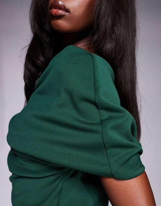 ASOS DESIGN structured mini dress with fallen shoulder in forest green in scuba-style fabric - Image 3