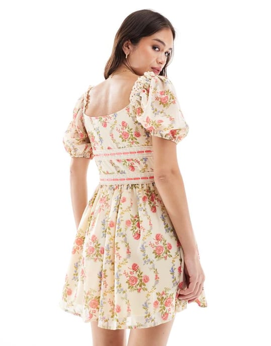 ASOS DESIGN mjölkerska mini klänning med banddetalj i vintage tapet blommönster - Image 4