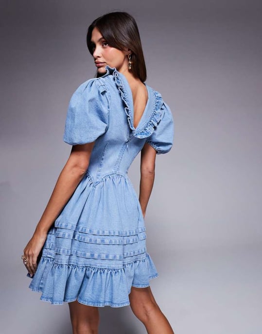 ASOS LUXE denimkrage puffärm mini-klänning i blått - Image 4
