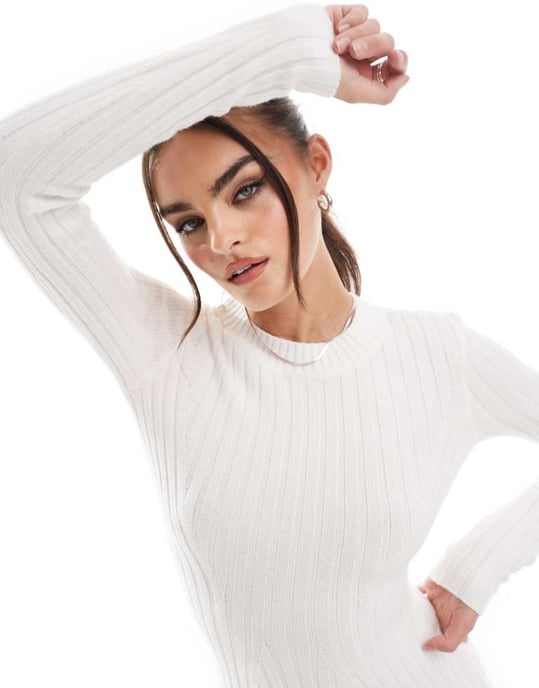 Hollister stickad långärmad miniklänning i krämfärg - Image 3