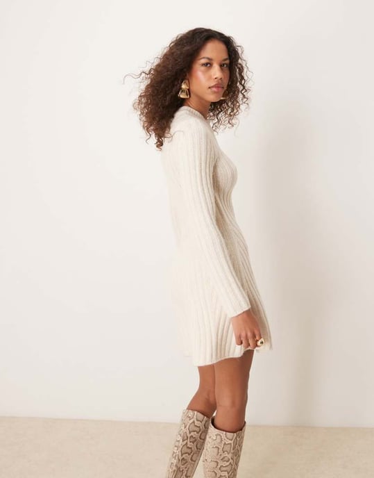 ASOS DESIGN knitted mini dress with rib detail in cream - Image 2