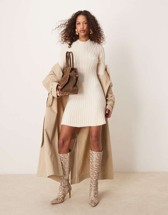 ASOS DESIGN knitted mini dress with rib detail in cream - Image 4