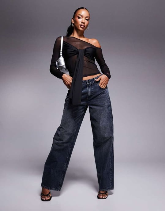 ASOS DESIGN twistdetalj lagererad mesh asymmetrisk topp i svart - Image 2