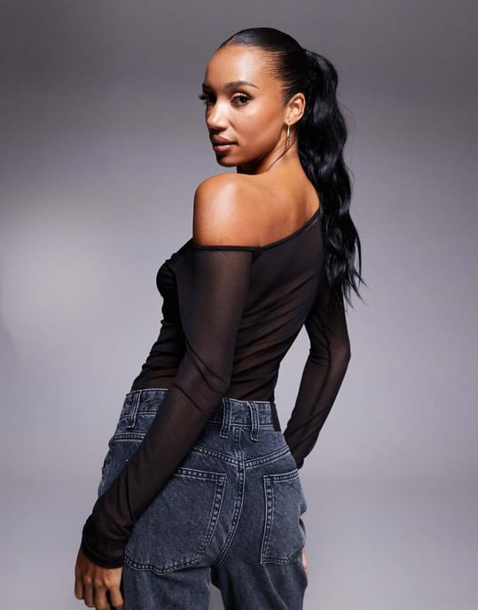 ASOS DESIGN twistdetalj lagererad mesh asymmetrisk topp i svart - Image 4