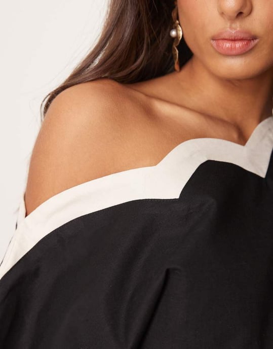 Never Fully Dressed contrast off shoulder asymmetrical top co-ord in black - Image 2