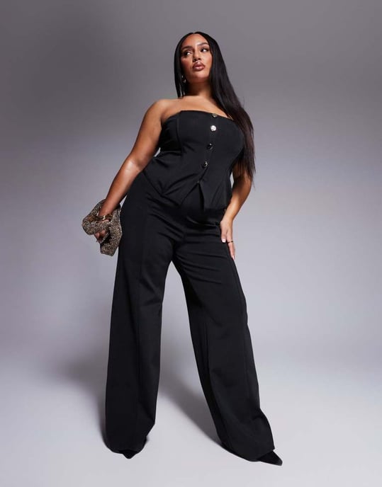 ASOS DESIGN Curve co-ord bandage bandeau-top med guldknappdetalj i svart - Image 3
