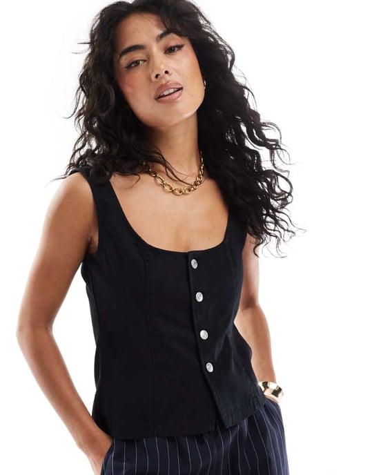 ASOS DESIGN denimstrukturerad topp i svart - Image 1