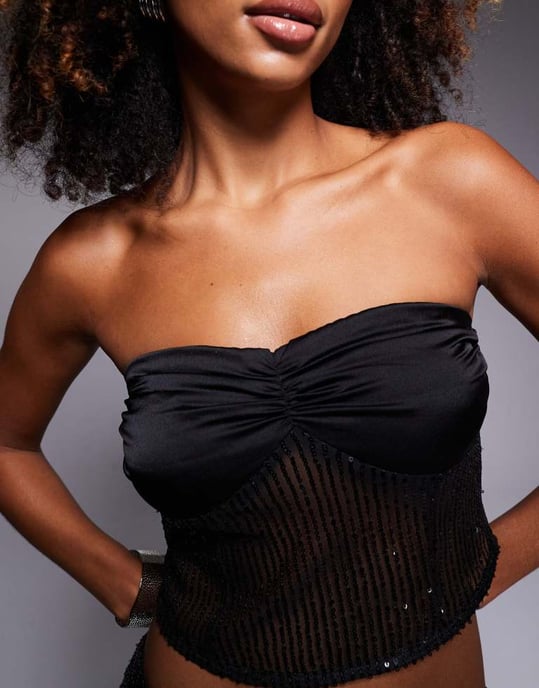 Missyempire kontrasterande satinklänning bandeau korsett topp ko-ord i svart paljett - Image 4