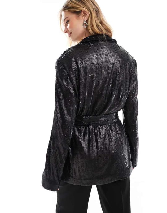 ASOS DESIGN paljetterad blazer med knytmidja i svart - Image 4