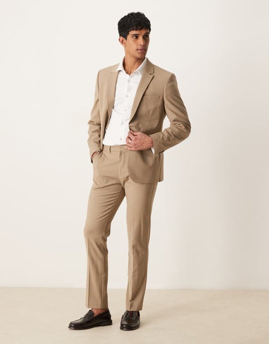 ASOS DESIGN tvättbar smal kostymjacka i lätt worsted ull i beige - Image 3