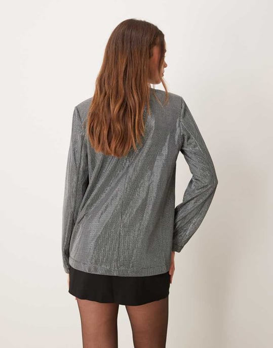 JDY kragefri blazer i metallisk silver - Image 2