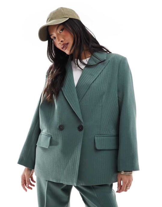Vero Moda Petite skräddarsydd herringbone co-ord blazer i mörk skogsgrön - Image 2