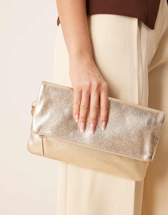 Accessorize leather foldover metallic clutch in gold - Image 3