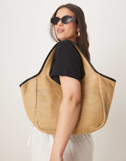 ASOS DESIGN halm tote-väska med piping i naturfärg - Image 1