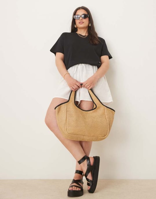 ASOS DESIGN halm tote-väska med piping i naturfärg - Image 2