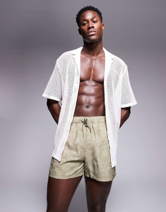 ASOS DESIGN badshorts i kort längd med blommönster i grön - Image 1