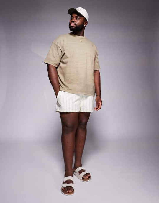 ASOS DESIGN seersucker randiga badshorts i superkort längd i sten - Image 2
