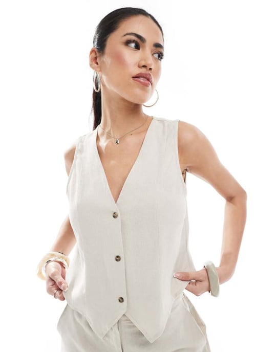 Vero Moda linne-touch väst set i sten - Image 1