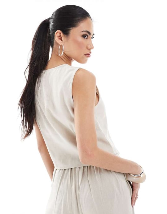 Vero Moda linne-touch väst set i sten - Image 4