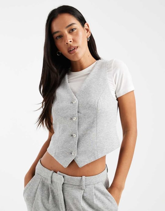Vero Moda jersey waistcoat co-ord in light grey melange - Image 1