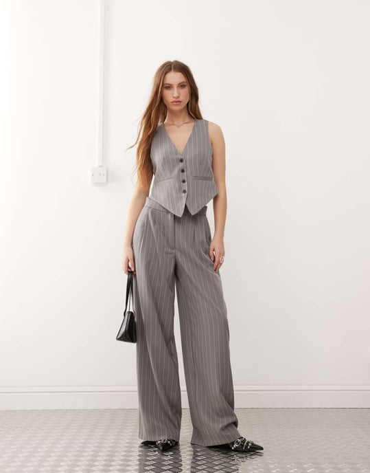 Noisy May tailored waistcoat co-ord in grey pinstripe - Image 2